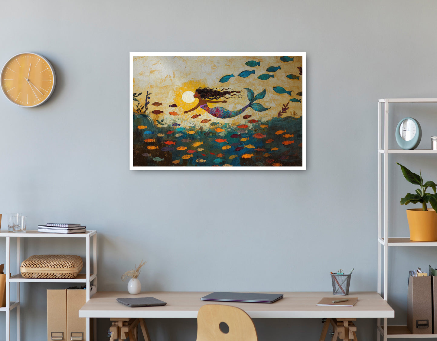 Black Mermaid Ocean Sunset Caribbean wall art print view