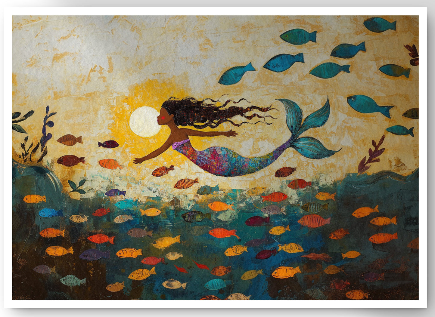 Black Mermaid Ocean Sunset Caribbean wall art canvas print by MoomZee Artwork