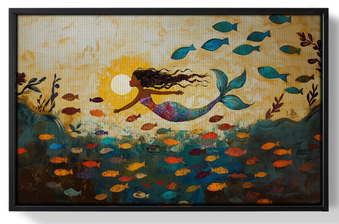 Framed Black Mermaid Ocean Sunset Caribbean wall art for home decor