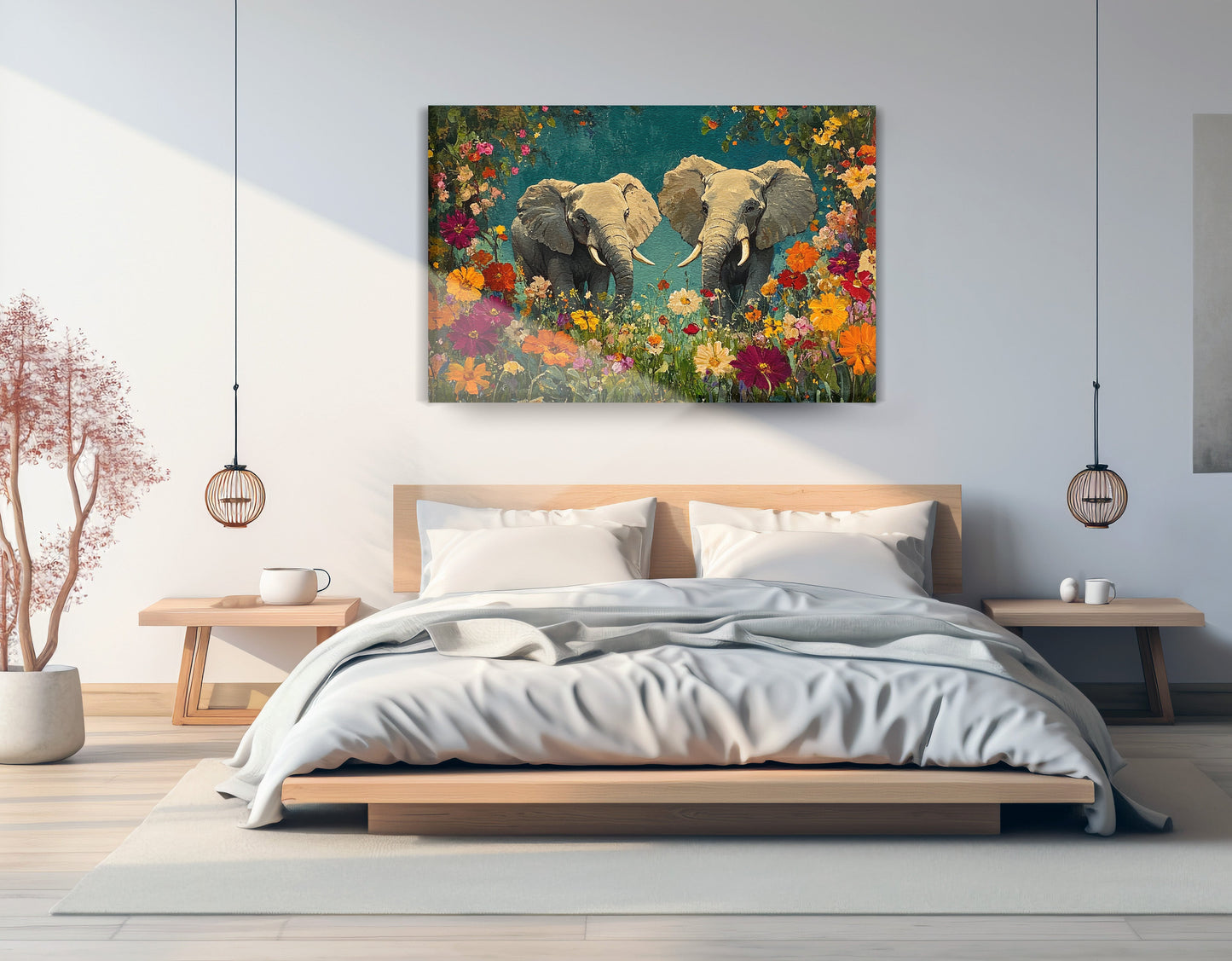 Elephant Pair Floral African American canvas print displayed as bedroom wall decor