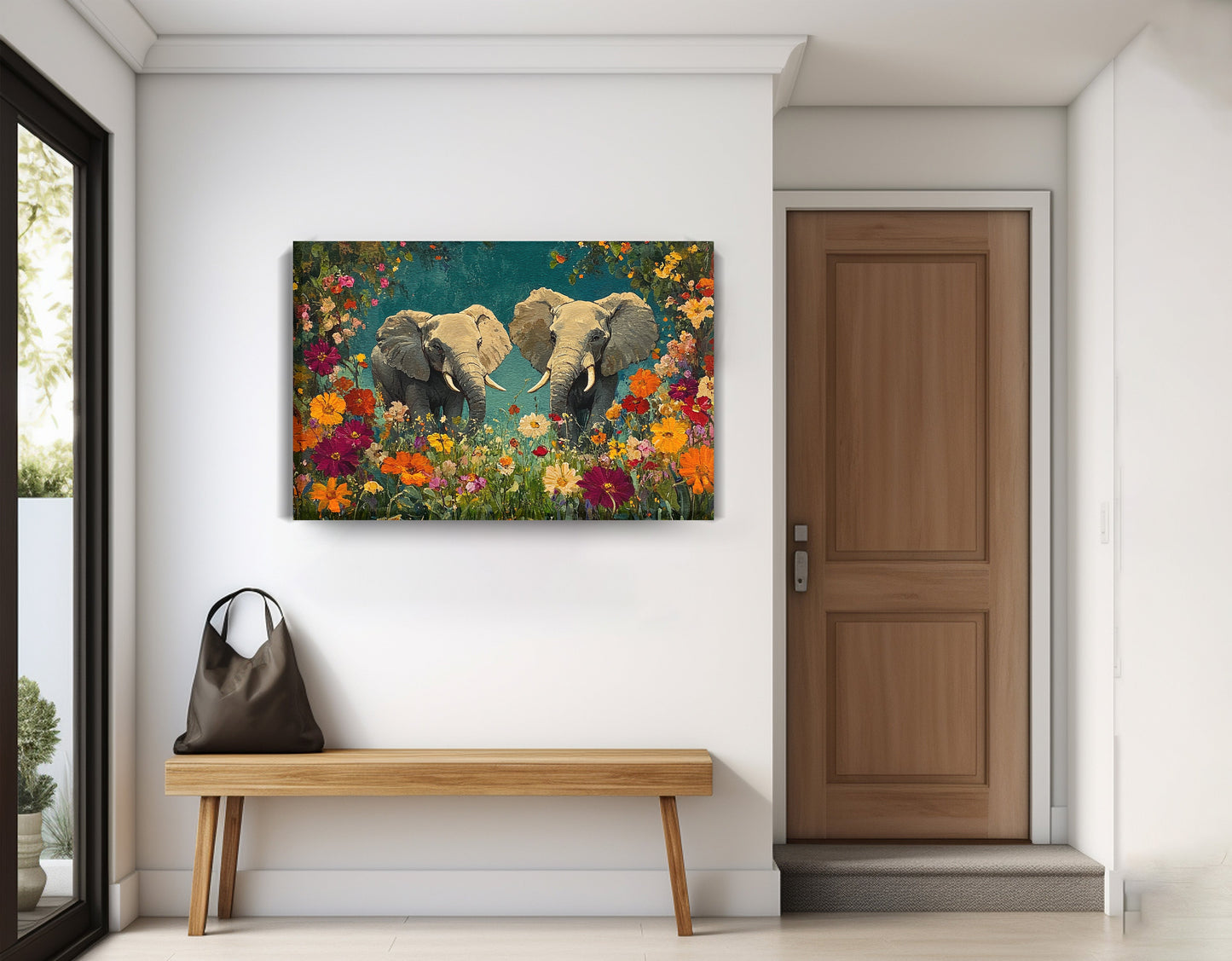 Elephant Pair Floral African American canvas print displayed as entryway wall decor