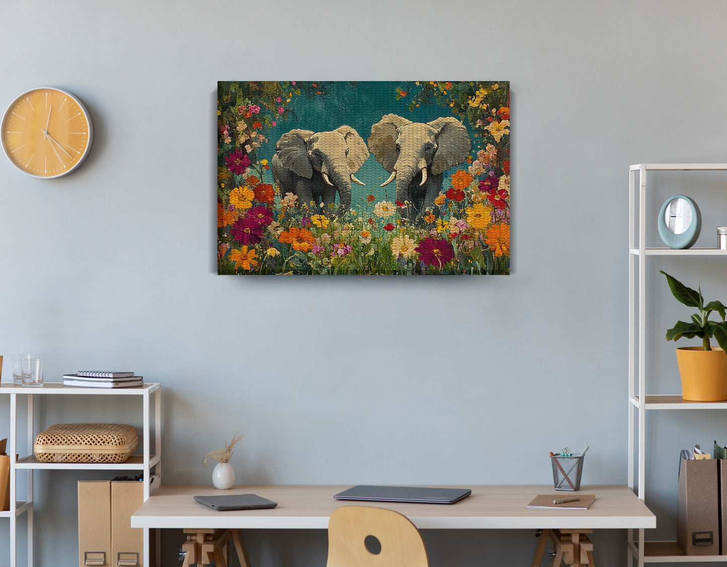 Elephant Pair Floral African American canvas print displayed as office wall decor