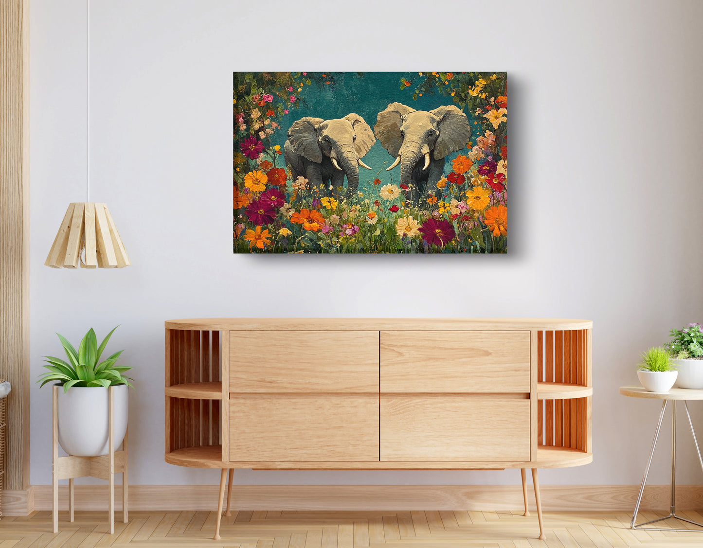 Elephant Pair Floral African American canvas print displayed as living room wall decor