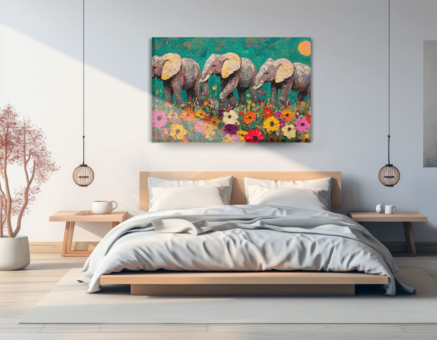 Colorful Elephant Family African American canvas print displayed as bedroom wall decor