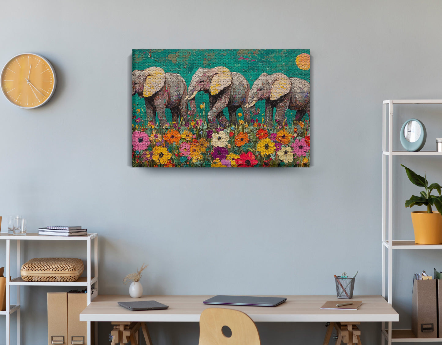 Colorful Elephant Family African American canvas print displayed as office wall decor