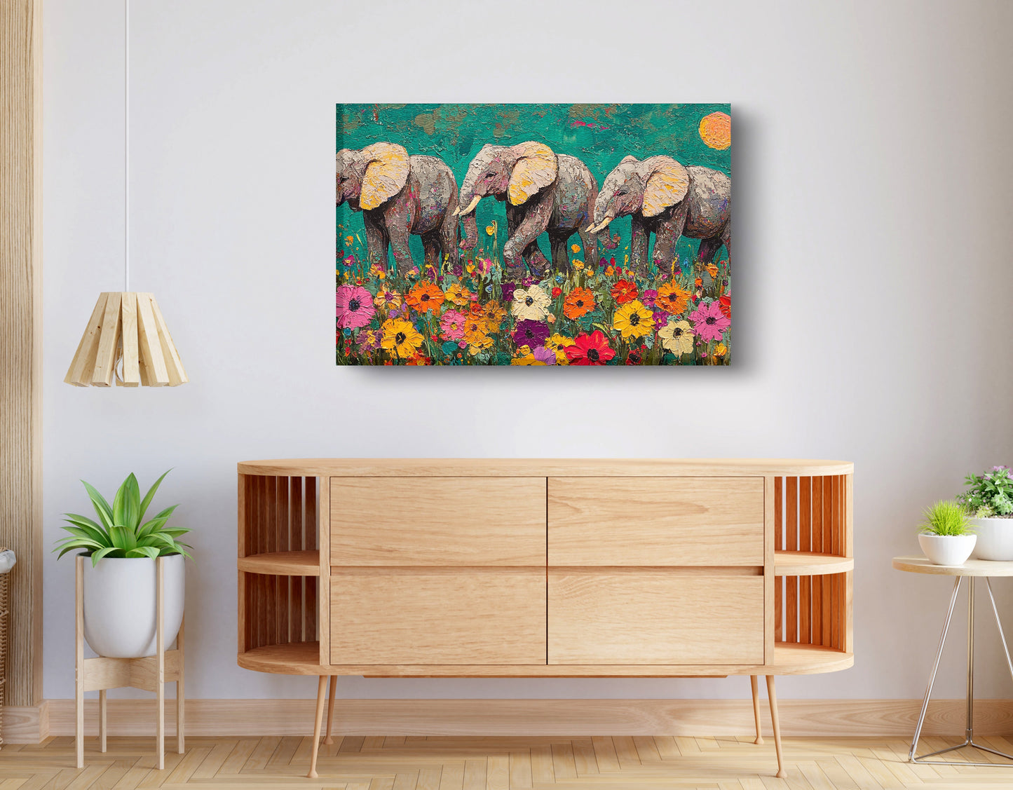 Colorful Elephant Family African American canvas print displayed as living room wall decor