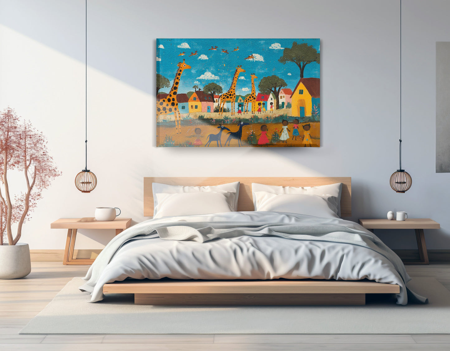 Giraffe Village Folk African American canvas print displayed as bedroom wall decor