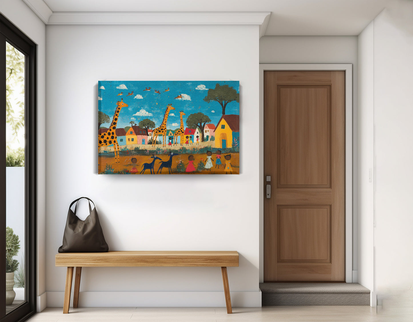 Giraffe Village Folk African American canvas print displayed as entryway wall decor