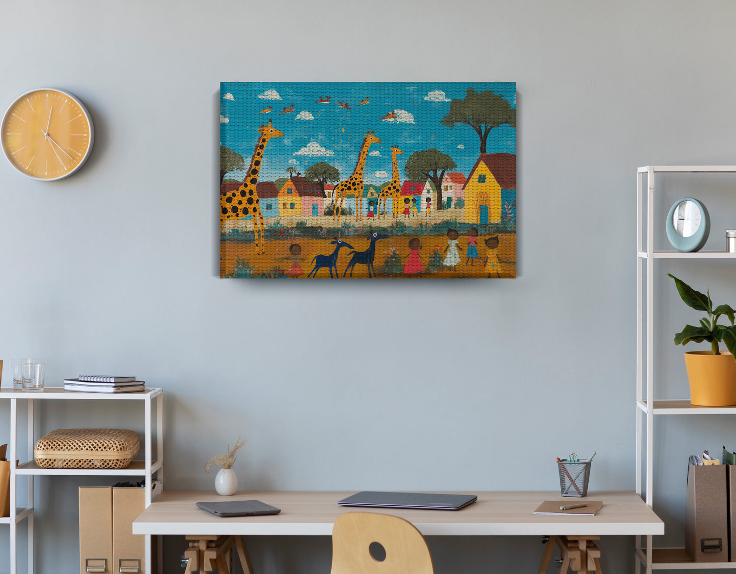 Giraffe Village Folk African American canvas print displayed as office wall decor