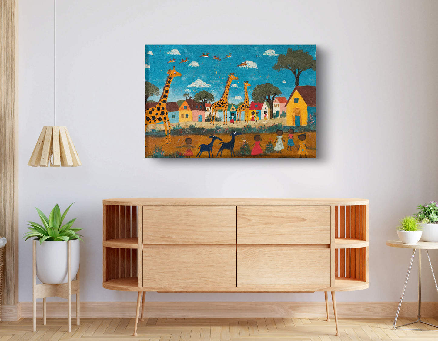 Giraffe Village Folk African American canvas print displayed as living room wall decor