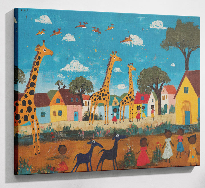 Giraffe Village Folk African American canvas print canvas print with visible wall art format