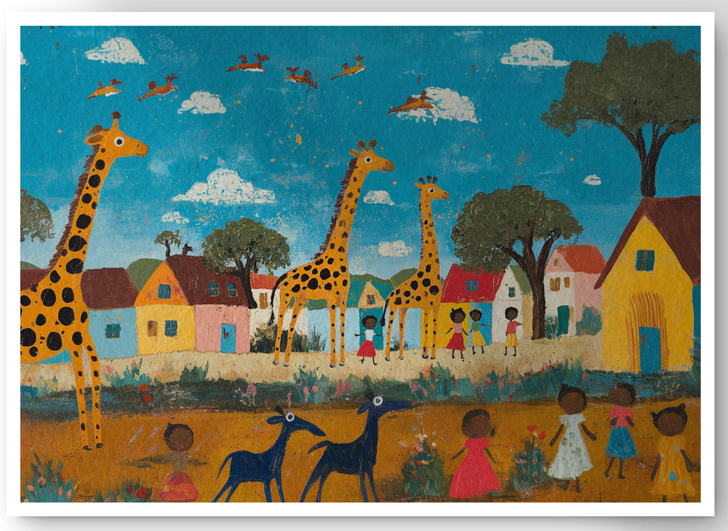 Giraffe Village Folk African American canvas print by MoomZee Artwork