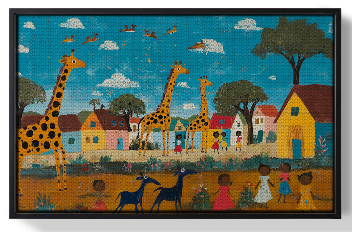 Framed Giraffe Village Folk African American canvas print for home decor
