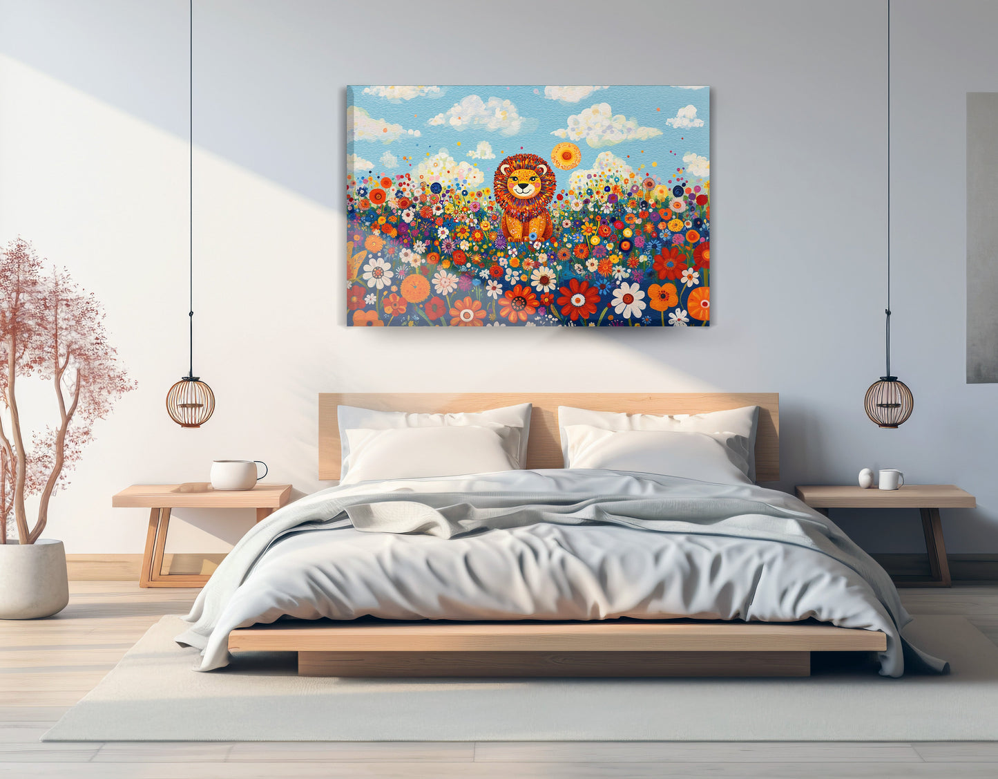 Lion in Wildflowers African American canvas print displayed as bedroom wall decor
