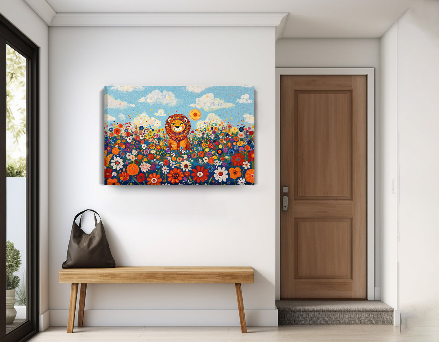 Lion in Wildflowers African American canvas print displayed as entryway wall decor