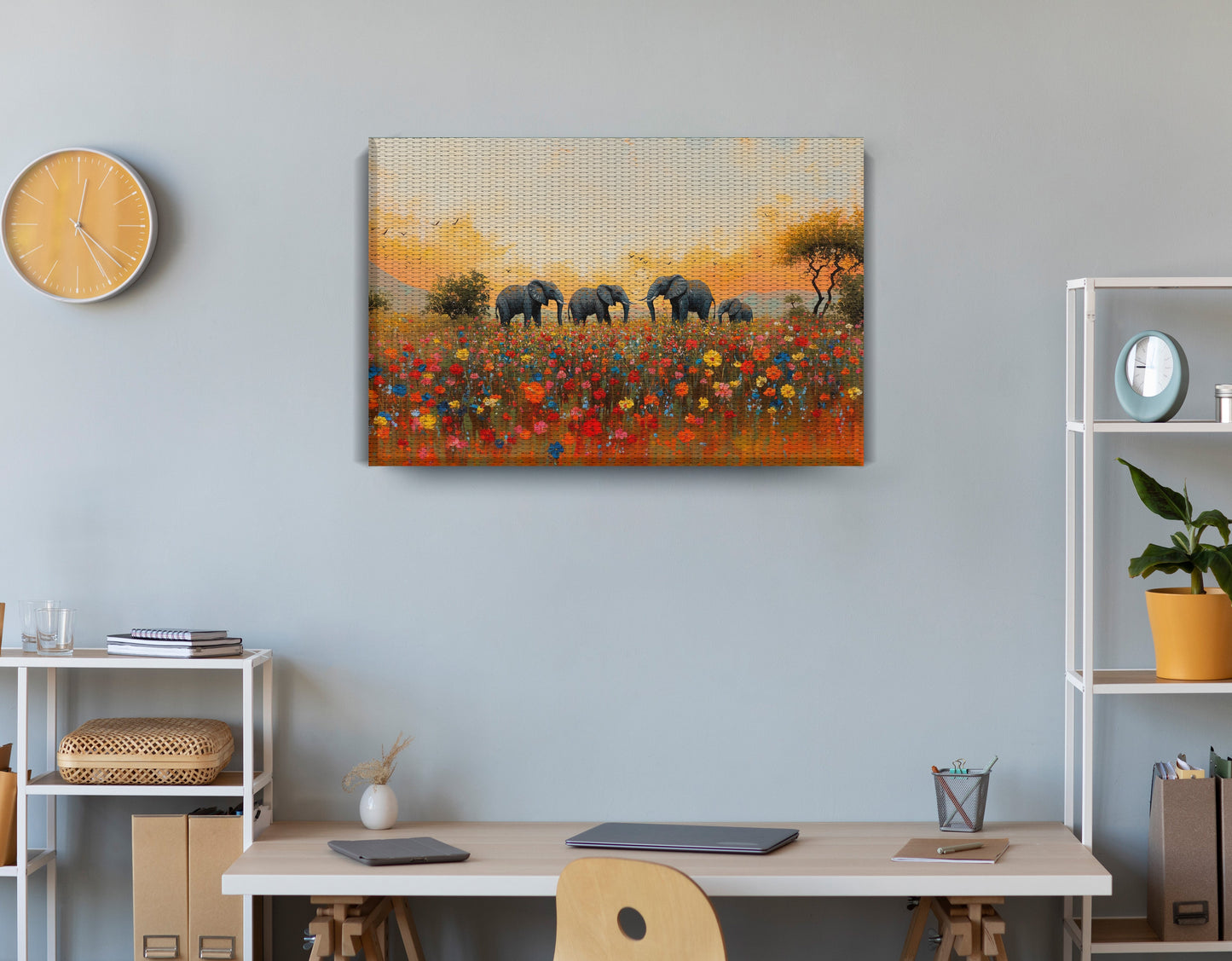 Elephants in Wildflower Field Black African American canvas print displayed as office wall decor
