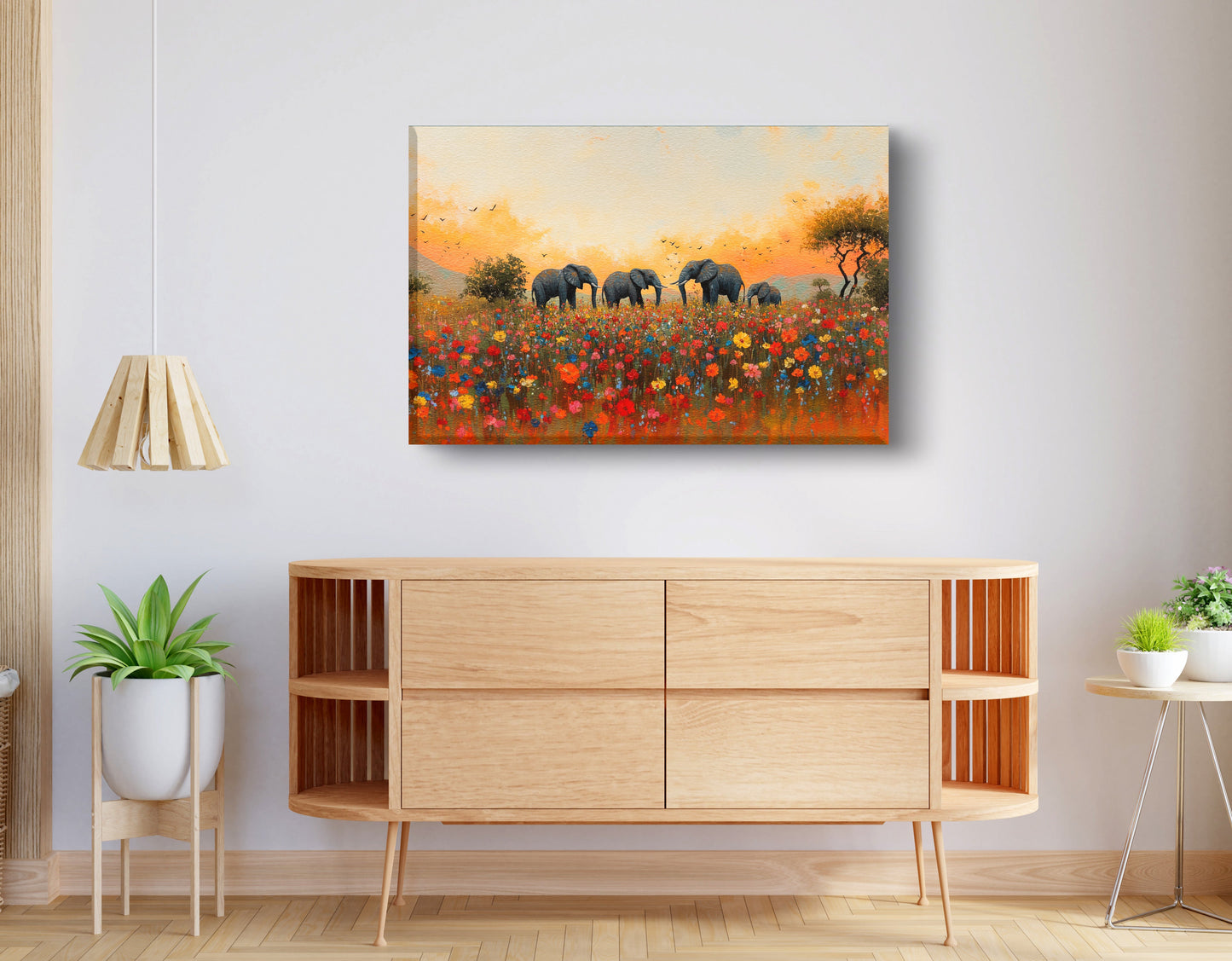 Elephants in Wildflower Field Black African American canvas print displayed as living room wall decor