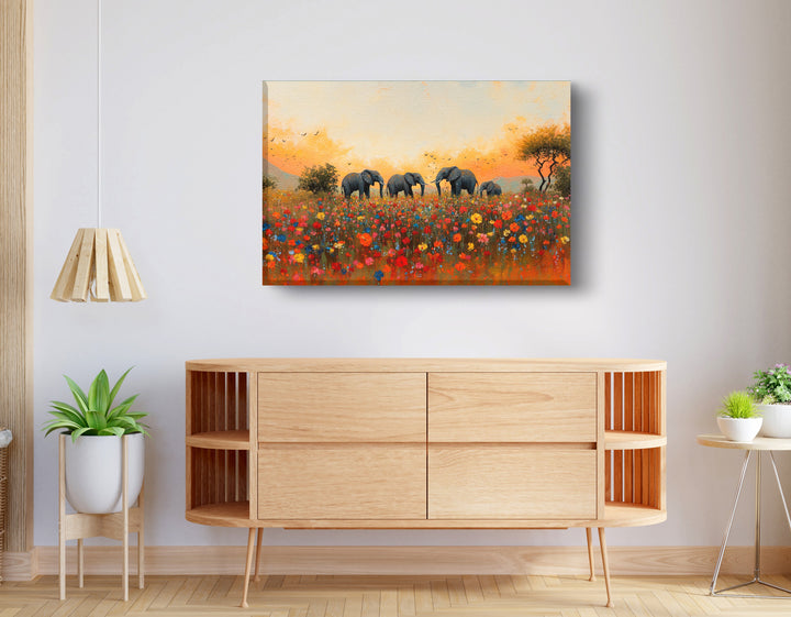 Elephants in Wildflower Field Black Wall Art