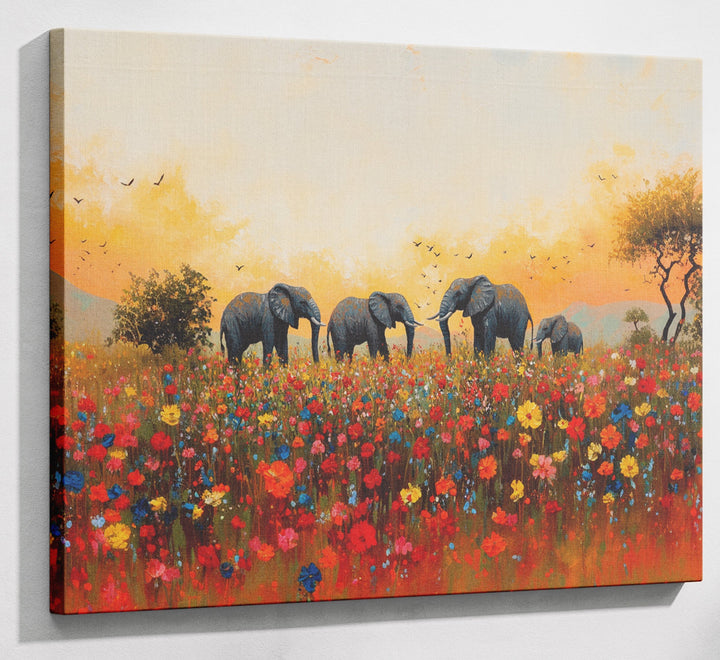 Elephants in Wildflower Field Black African American canvas print canvas print with visible wall art format