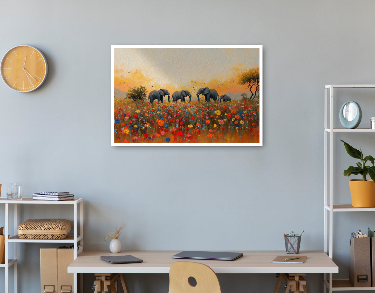 Elephants in Wildflower Field Black African American canvas print print view
