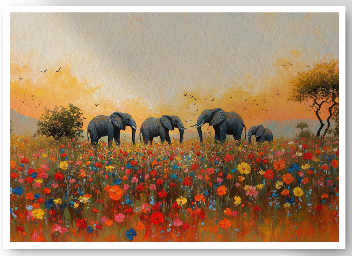 Elephants in Wildflower Field Black African American canvas print by MoomZee Artwork