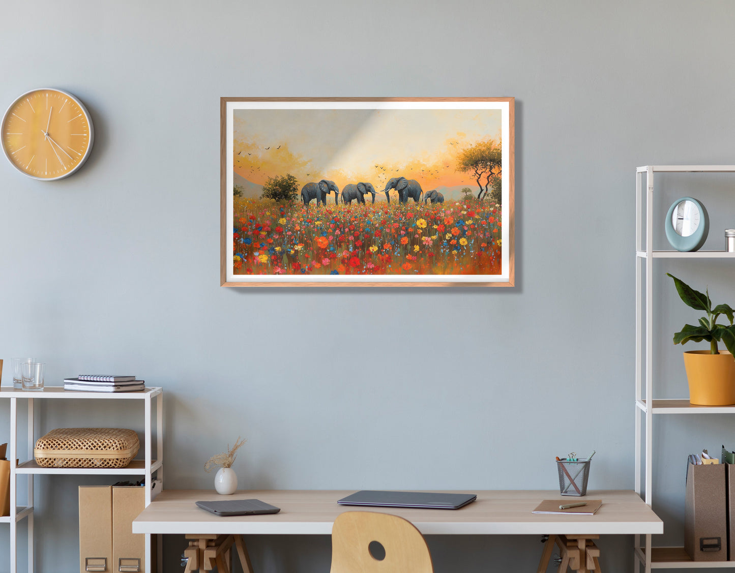 Elephants in Wildflower Field Black African American canvas print view 84