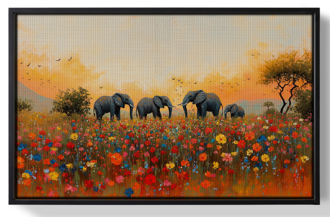 Framed Elephants in Wildflower Field Black African American canvas print for home decor