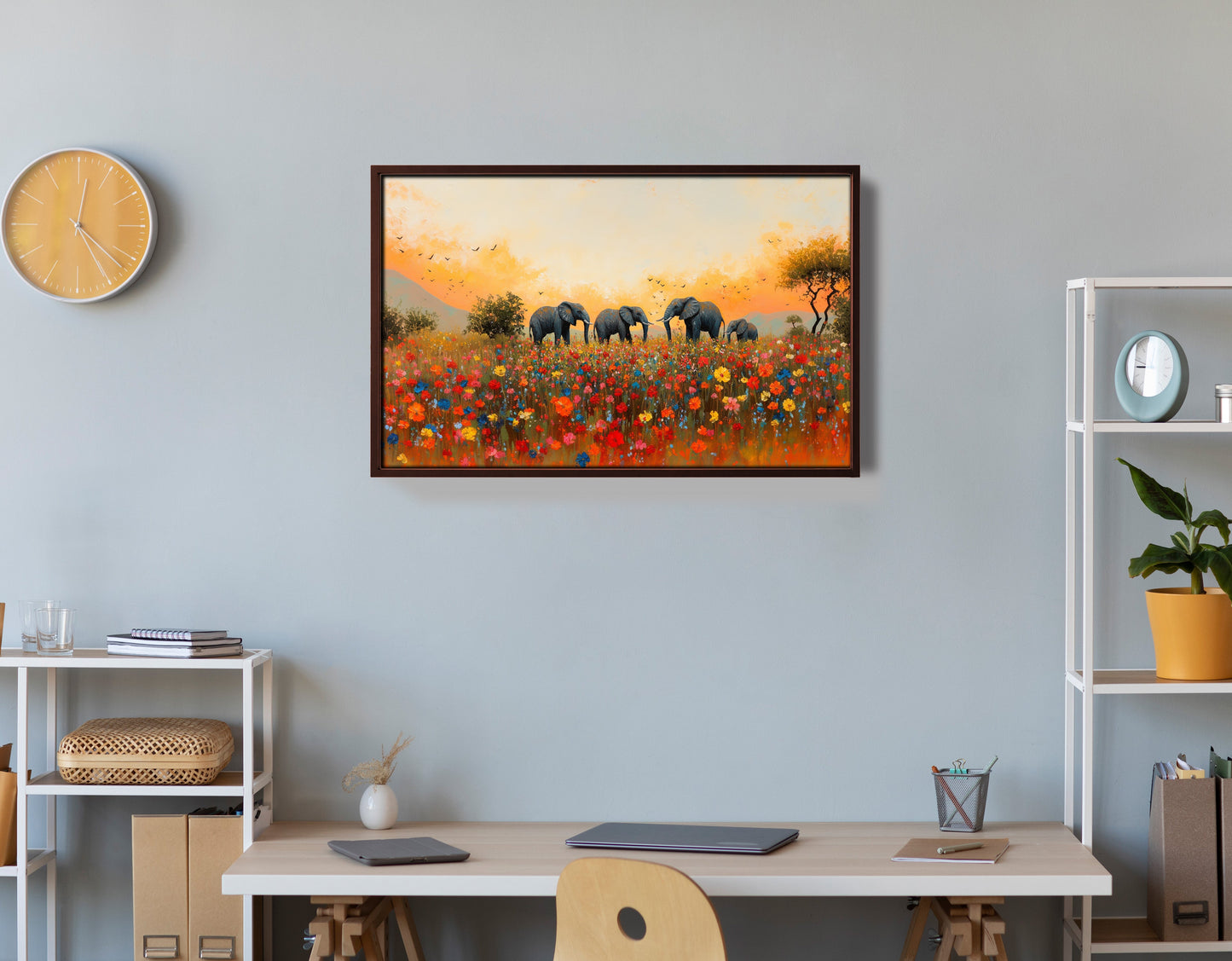 Elephants in Wildflower Field Black African American canvas print view 36