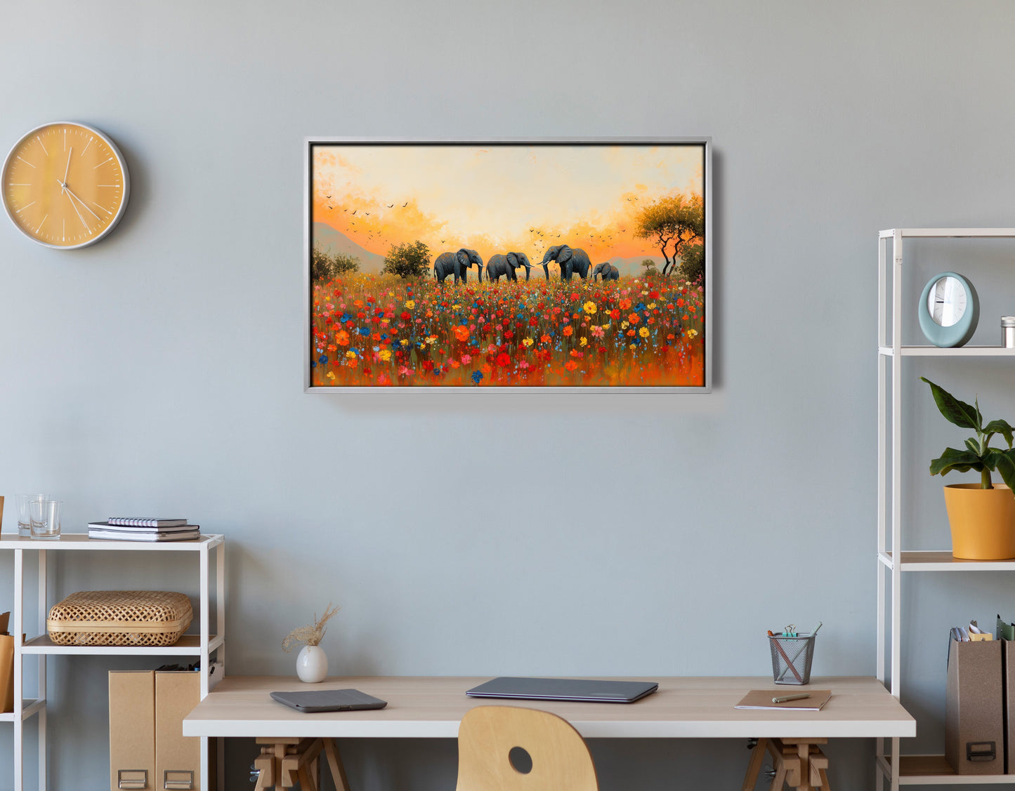 Elephants in Wildflower Field Black African American canvas print view 60