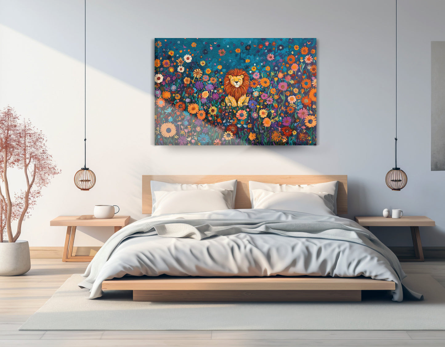 Lion Wildflower Folk Black African American canvas print displayed as bedroom wall decor