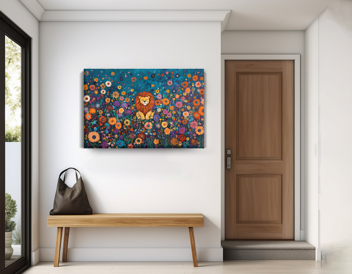 Lion Wildflower Folk Black African American canvas print displayed as entryway wall decor