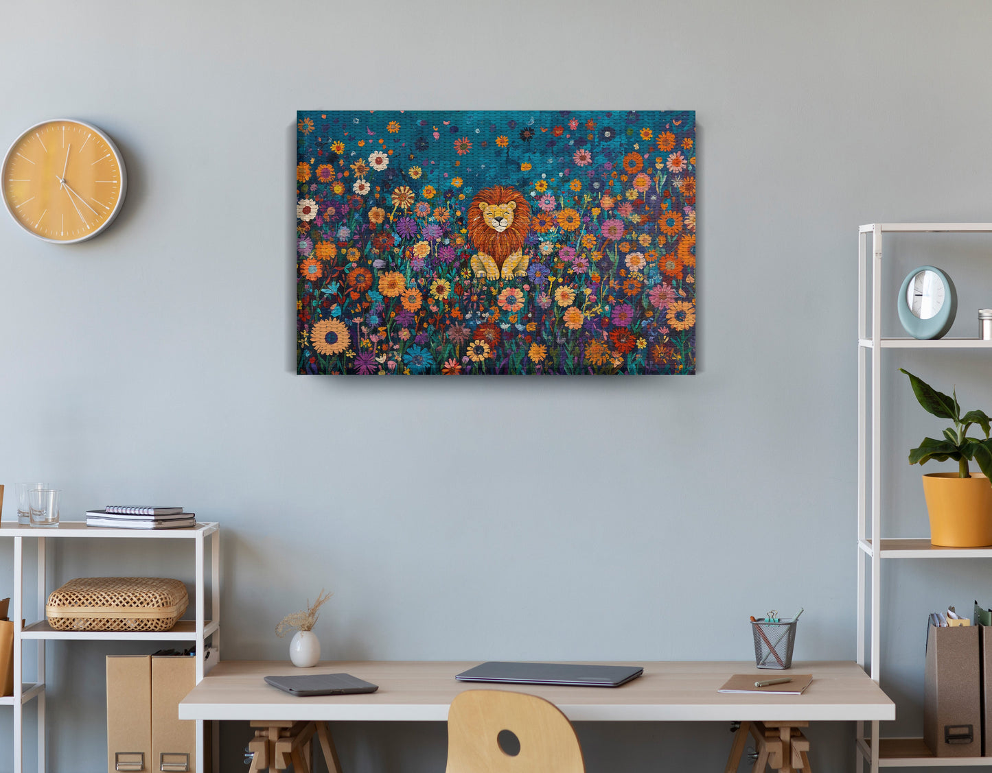 Lion Wildflower Folk Black African American canvas print displayed as office wall decor