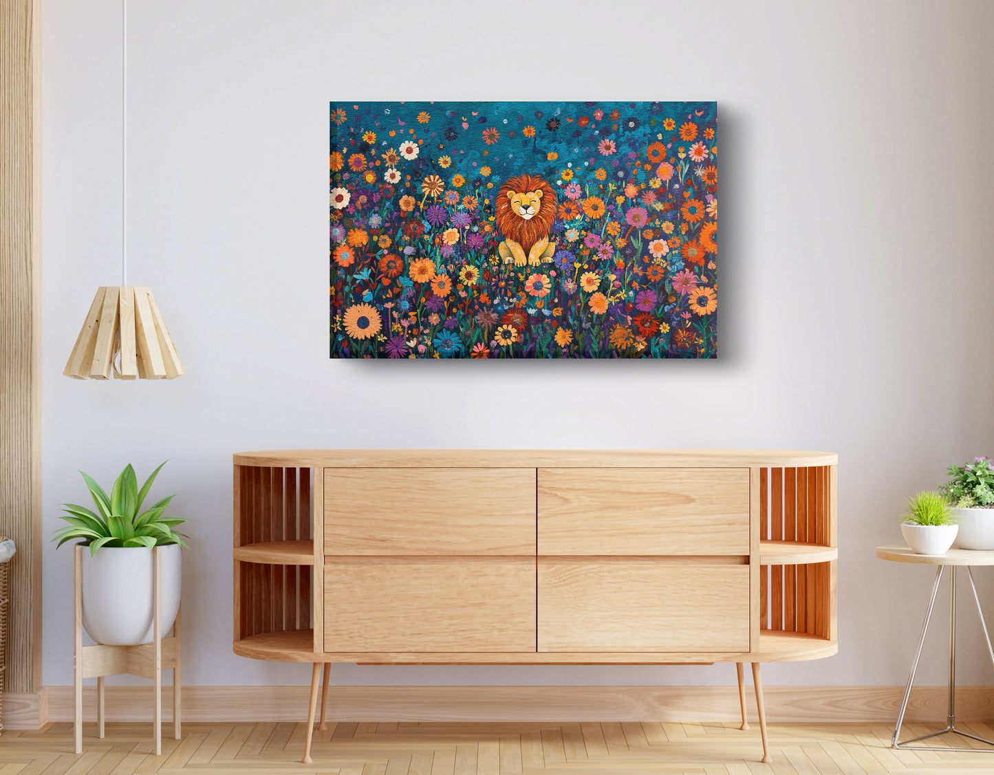 Lion Wildflower Folk Black African American canvas print displayed as living room wall decor