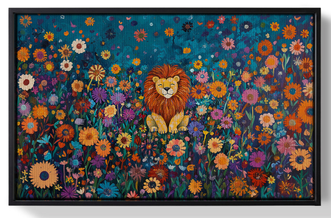 Framed Lion Wildflower Folk Black African American canvas print for home decor