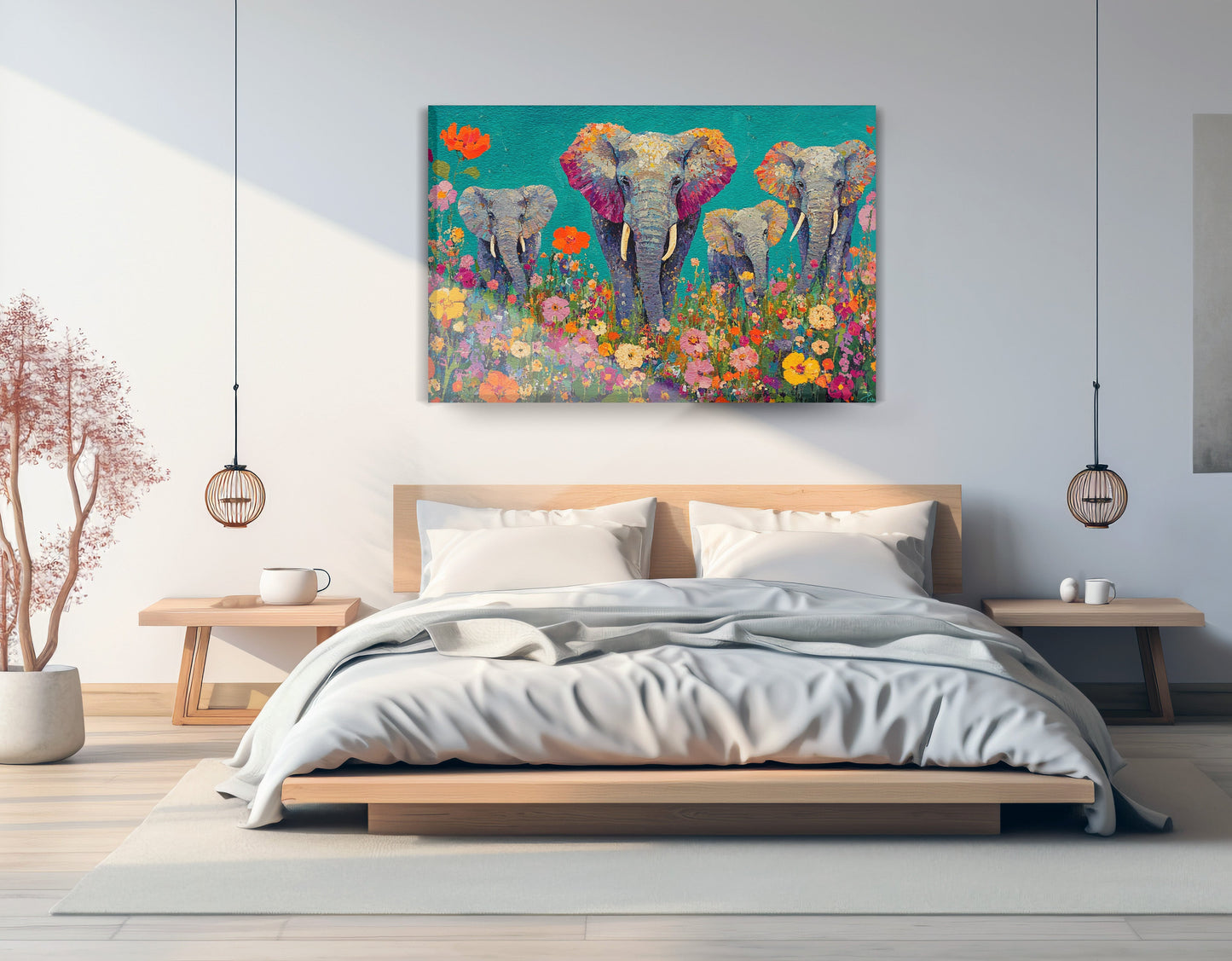 Elephant Floral Safari African American canvas print displayed as bedroom wall decor