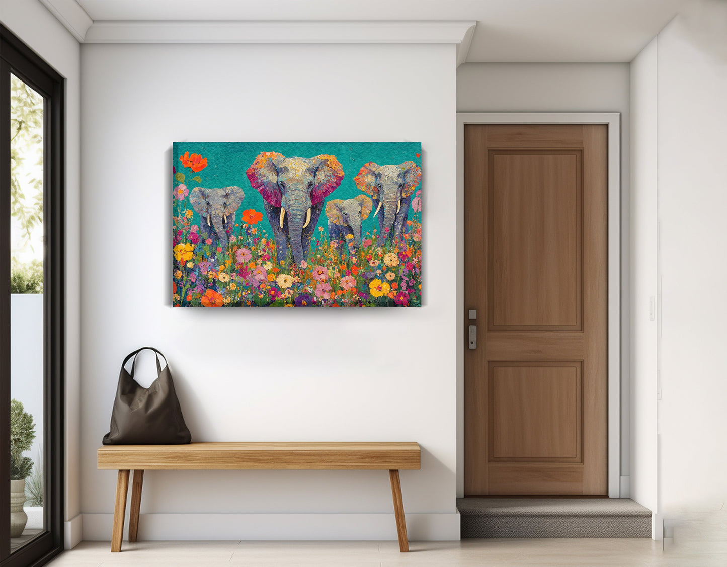 Elephant Floral Safari African American canvas print displayed as entryway wall decor