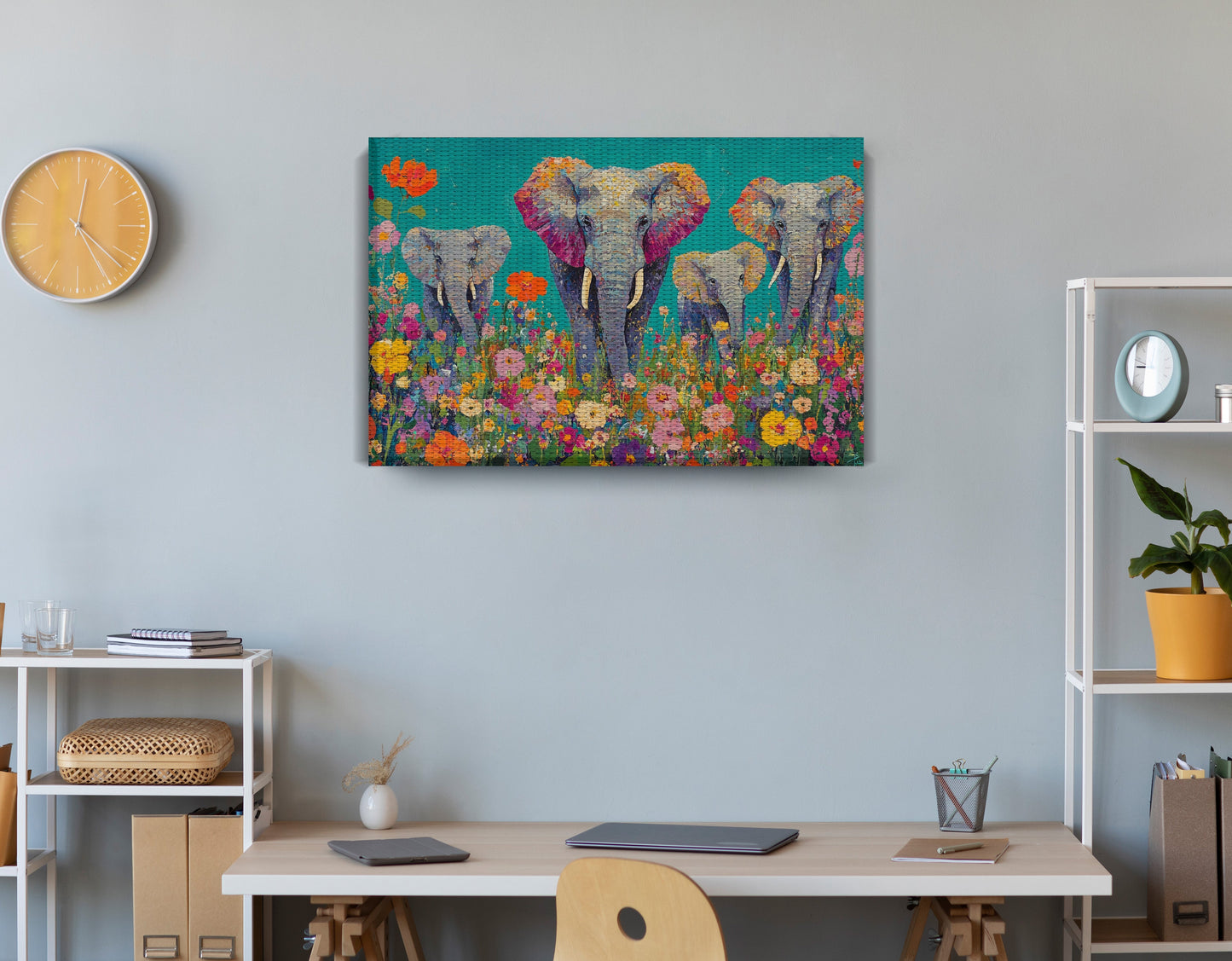 Elephant Floral Safari African American canvas print displayed as office wall decor