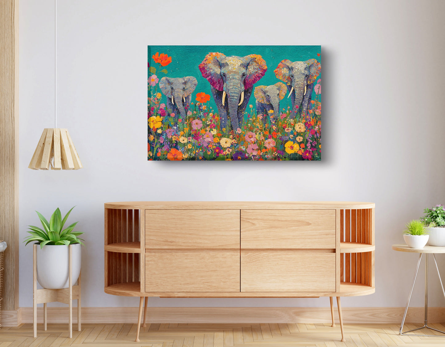 Elephant Floral Safari African American canvas print displayed as living room wall decor