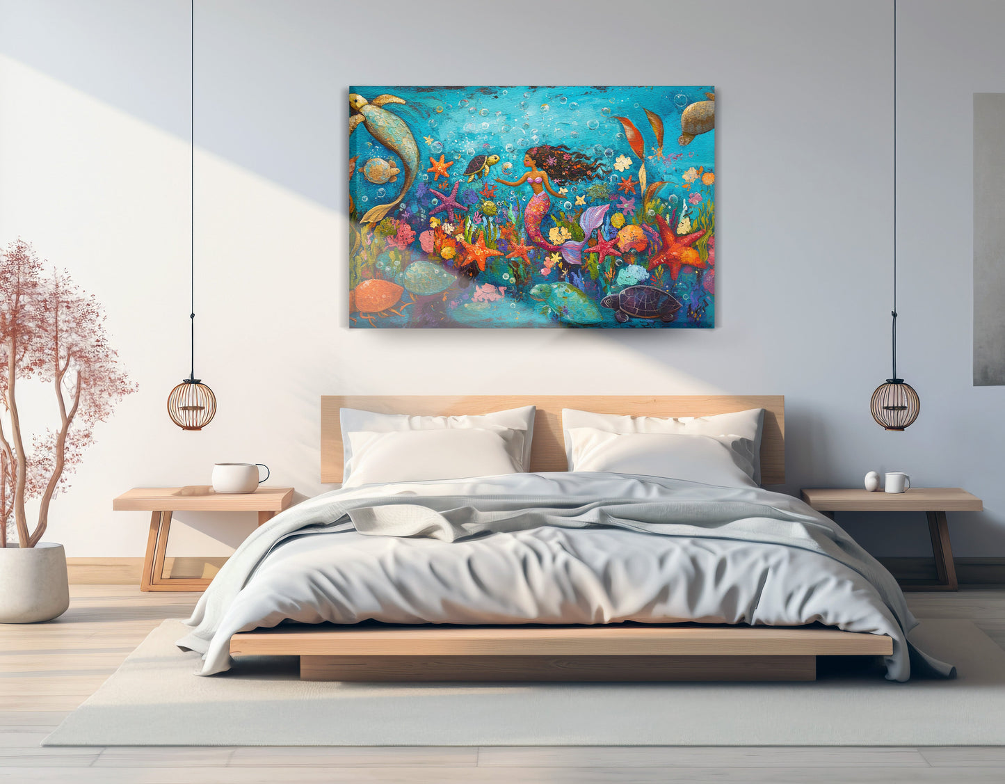 Black Mermaid Underwater Fantasy African American canvas print displayed as bedroom wall decor