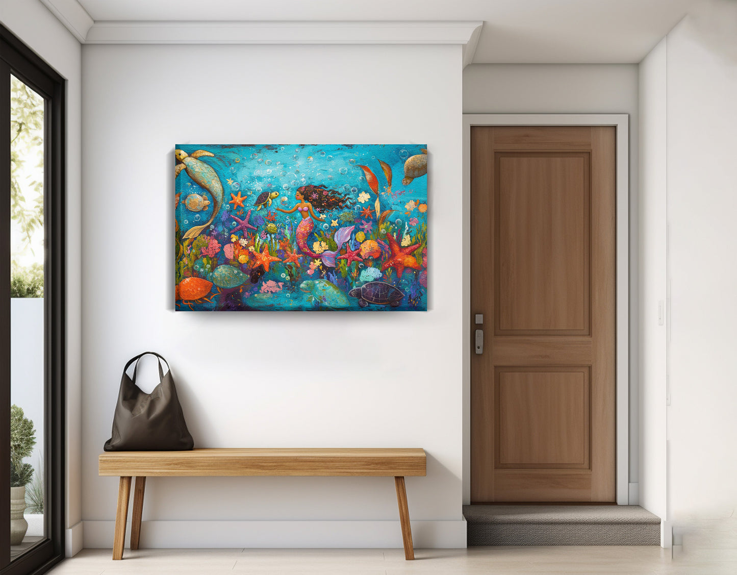 Black Mermaid Underwater Fantasy African American canvas print displayed as entryway wall decor
