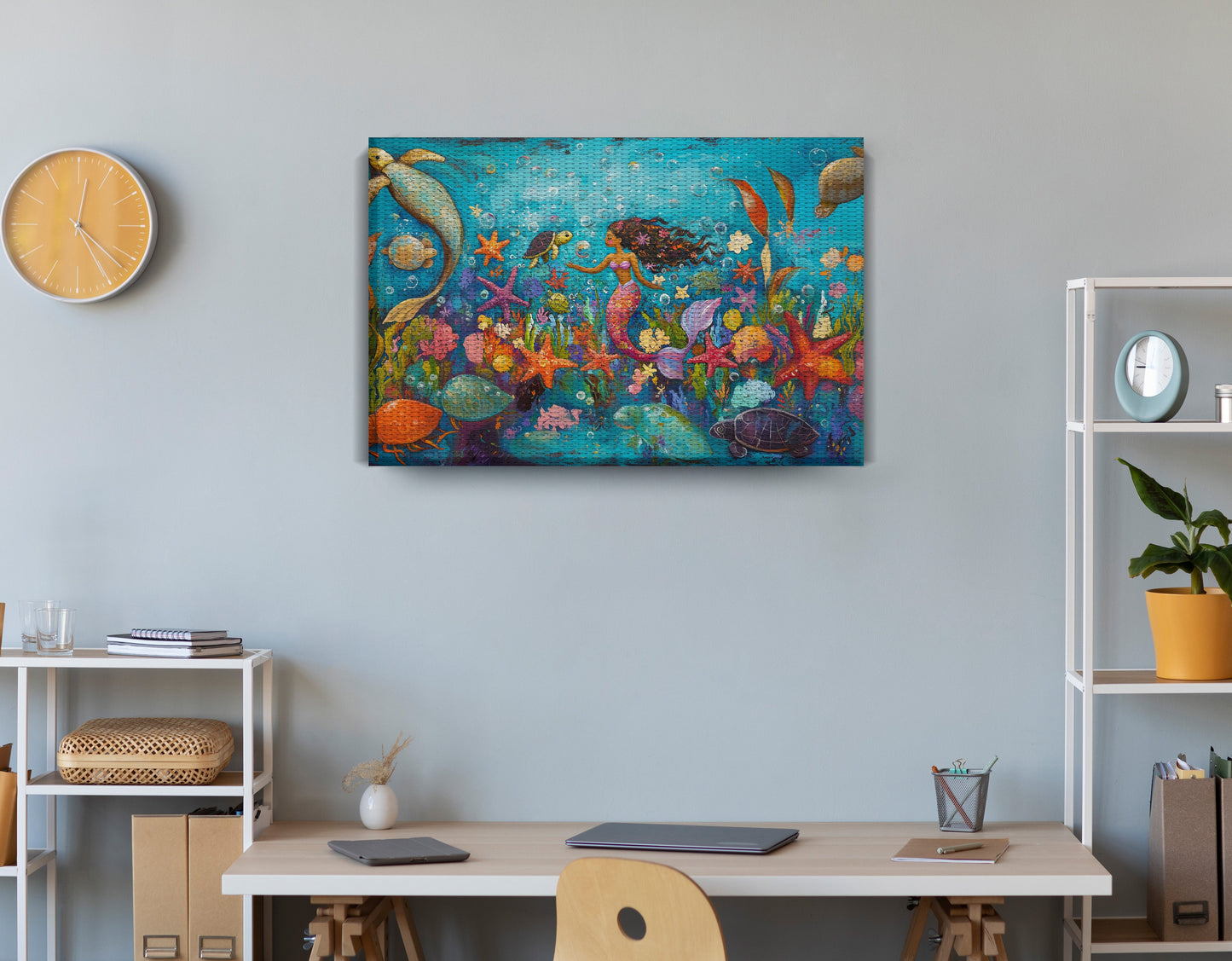 Black Mermaid Underwater Fantasy African American canvas print displayed as office wall decor