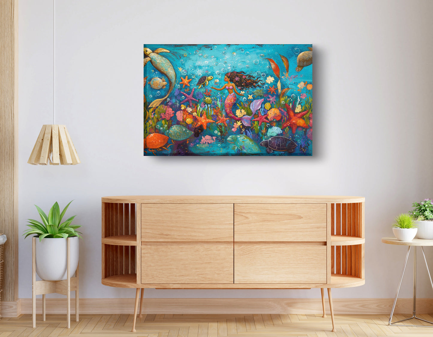 Black Mermaid Underwater Fantasy African American canvas print displayed as living room wall decor