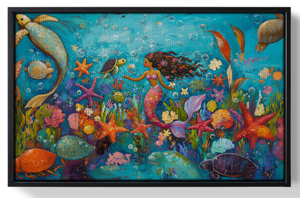 Framed Black Mermaid Underwater Fantasy African American canvas print for home decor