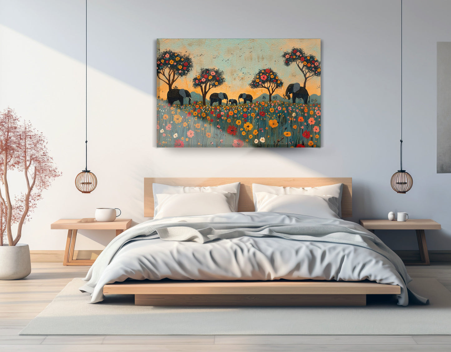Elephants Under Flower Trees African American canvas print displayed as bedroom wall decor