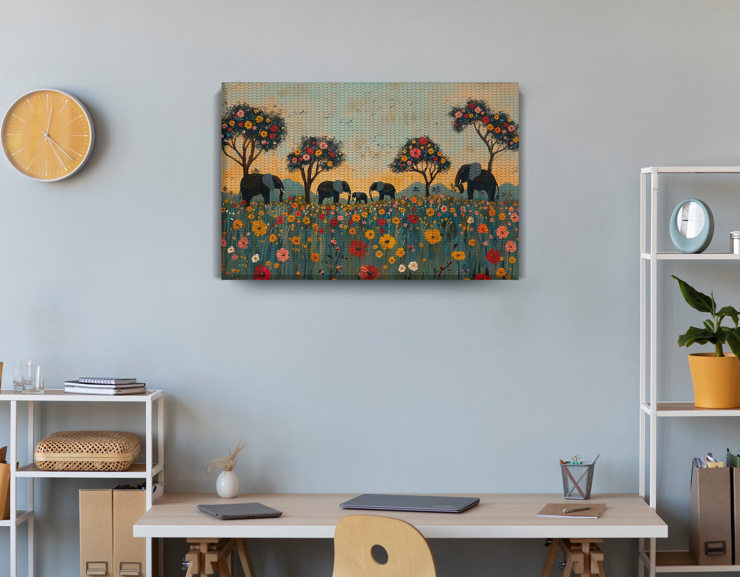 Elephants Under Flower Trees African American canvas print displayed as office wall decor