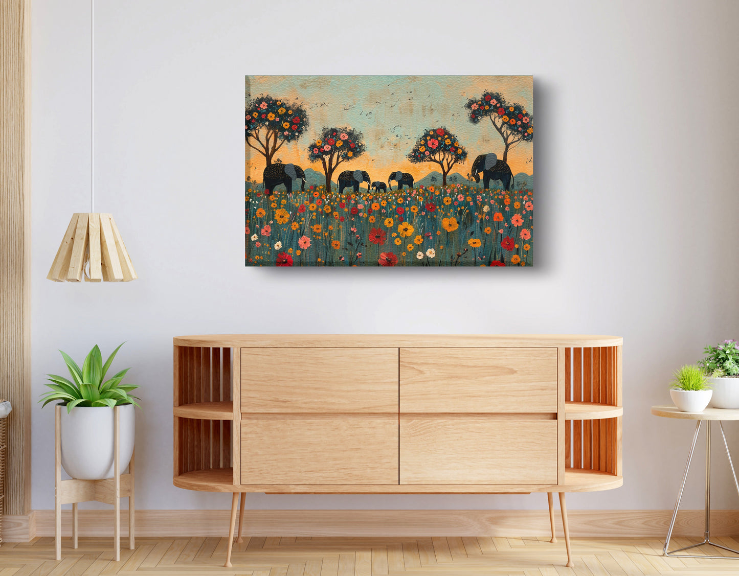 Elephants Under Flower Trees African American canvas print displayed as living room wall decor