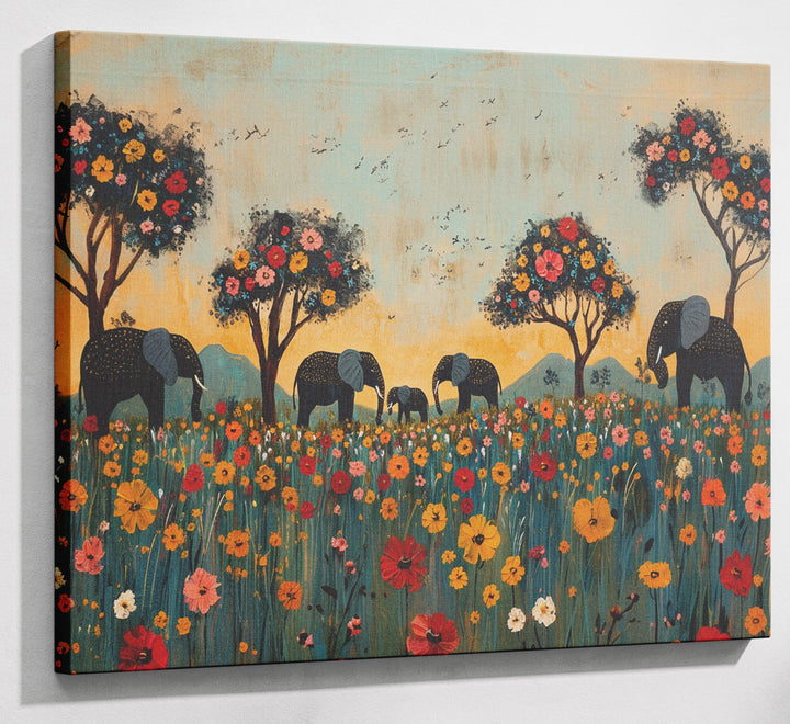 Elephants Under Flower Trees African American canvas print canvas print with visible wall art format
