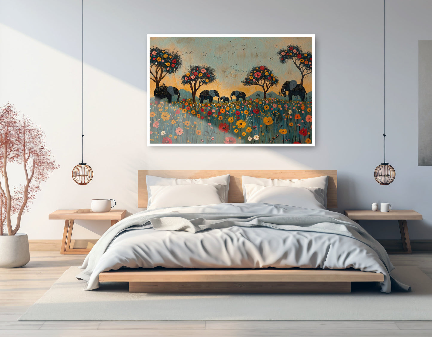 Elephants Under Flower Trees African American canvas print artwork view