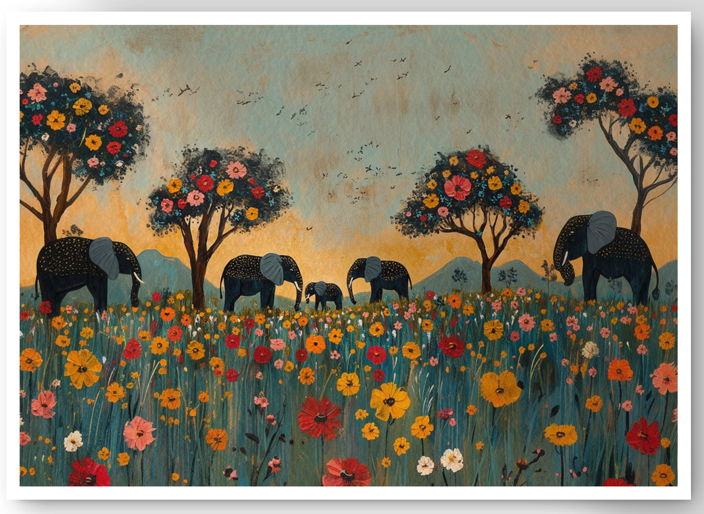 Elephants Under Flower Trees African American canvas print by MoomZee Artwork