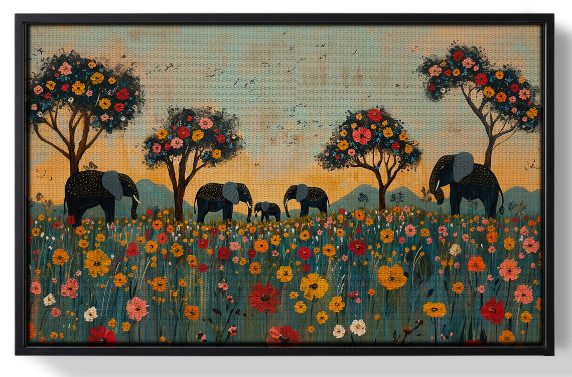 Framed Elephants Under Flower Trees African American canvas print for home decor